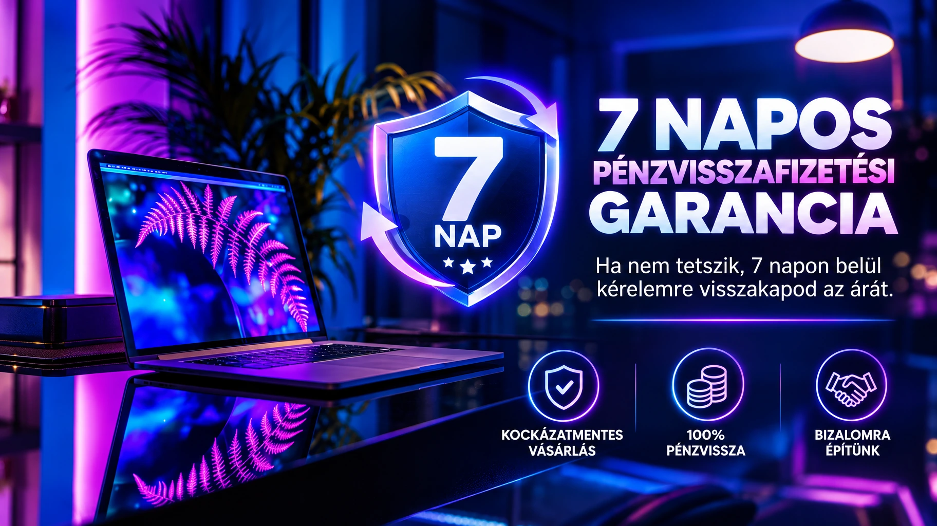7 napos pénzvisszafizetési garancia. Ha nem tetszik, 7 napon belül kérelemre visszakapod az árát.